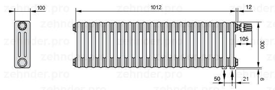 Схема (чертеж) Радиатор Zehnder Charleston 3030/22 №V002 Белый глянцевый RAL 9016